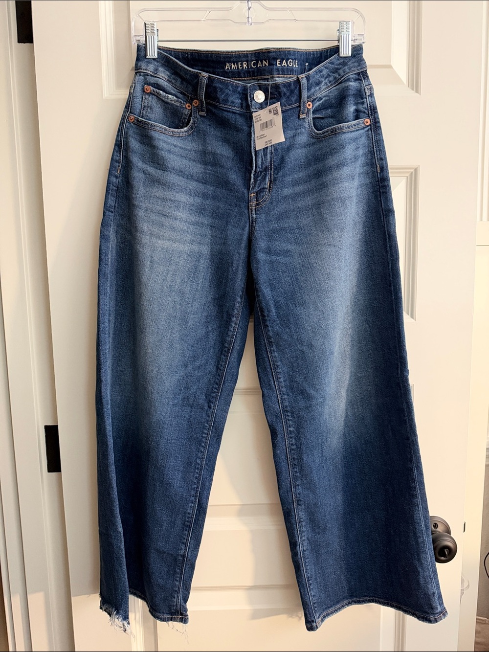 American Eagle Outfitters Dark Blue Wide Leg Jeans with Raw Hem